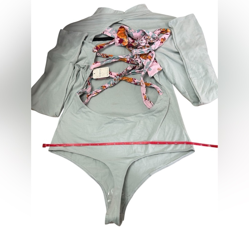 Free People Sz Large NWT Mercury Gray floral lace up back thong Fall Bodysuit - Picture 5 of 9